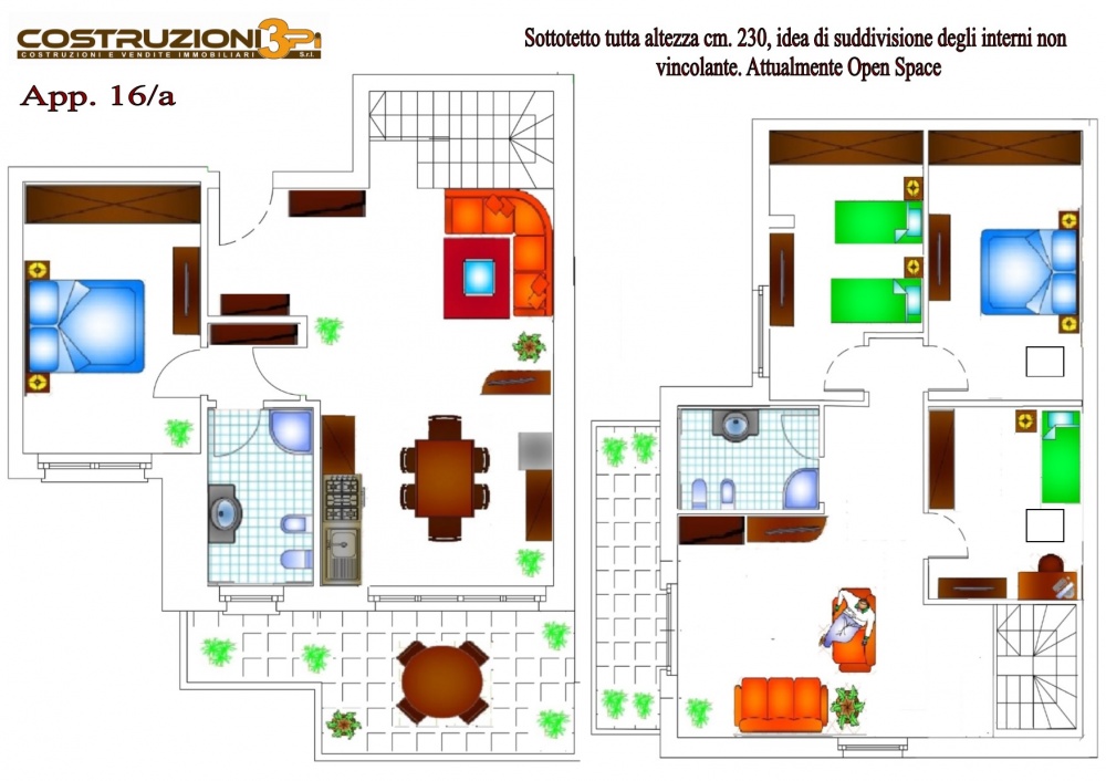 Piantina con mansarda Open Space con idea di suddivisione  in camere